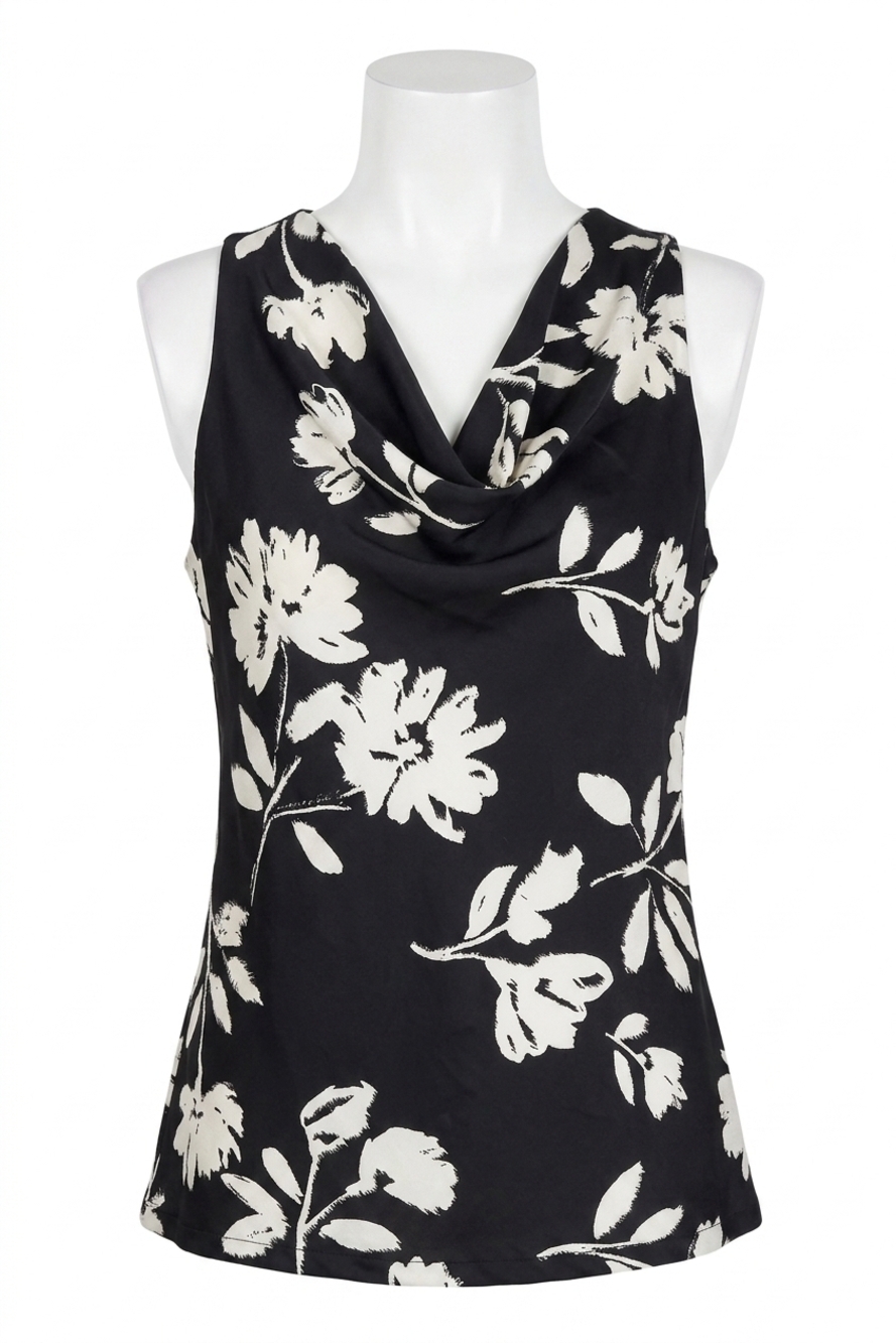 NEW PAPARAZZI satin floral cowl neck tank top in black / floral